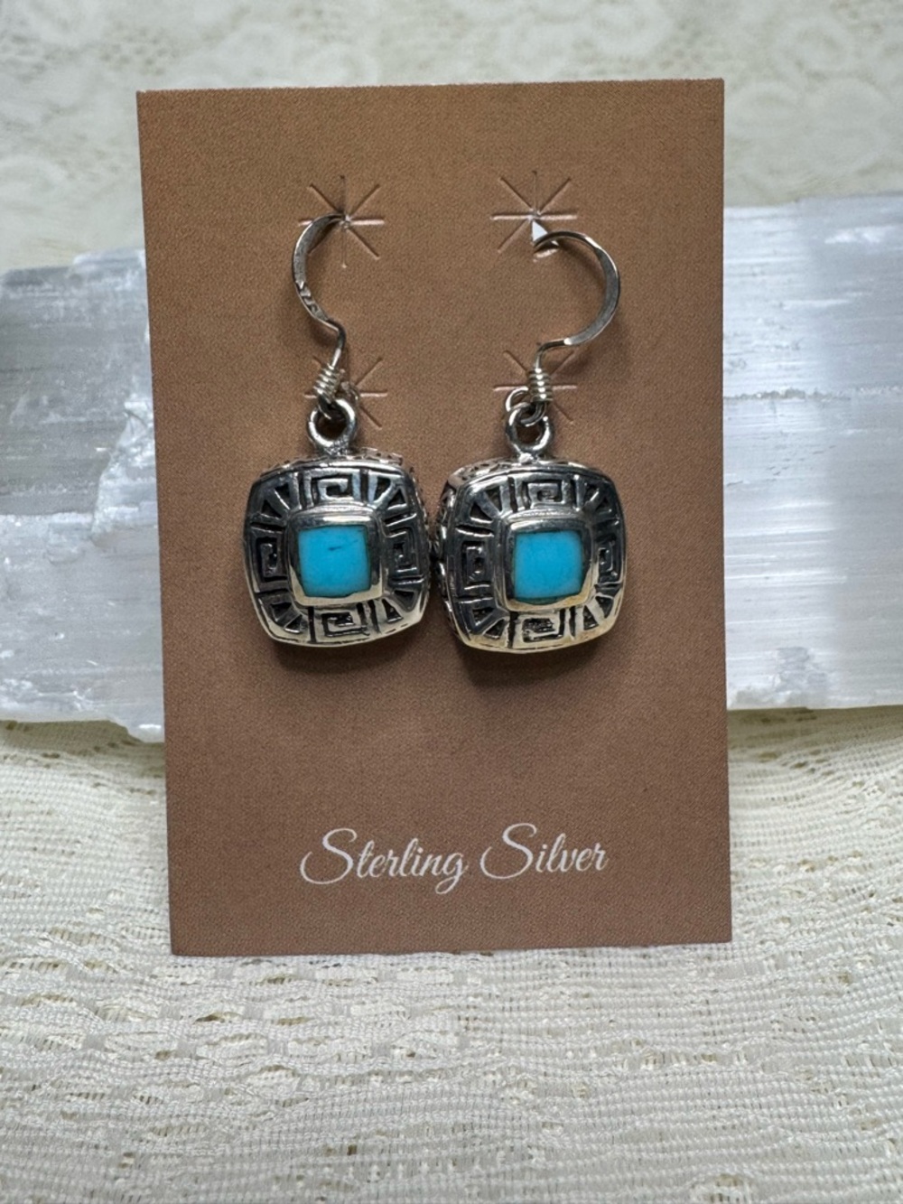 Sterling Silver Square Dangle Earrings with Turquoise Accent